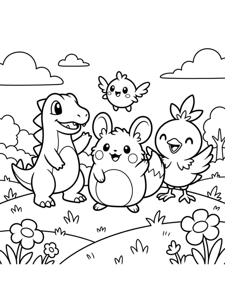 Charmander, Jigglypuff, Torchic en vogel in bloemenveld