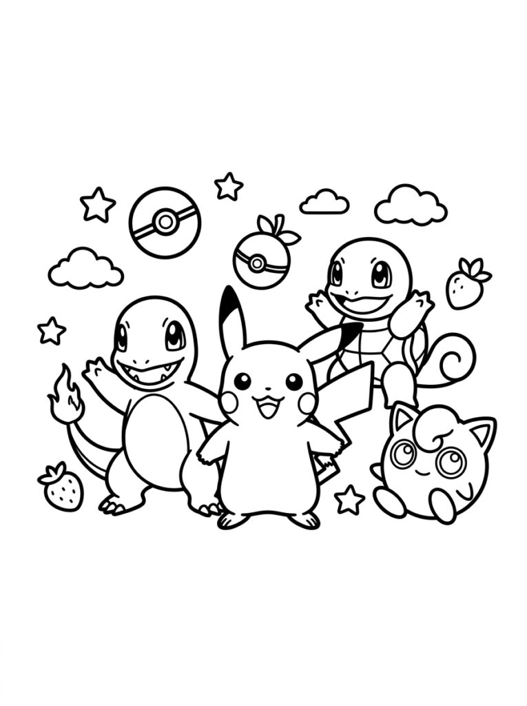 Pikachu, Charmander, Squirtle en Jigglypuff met Pokeballen