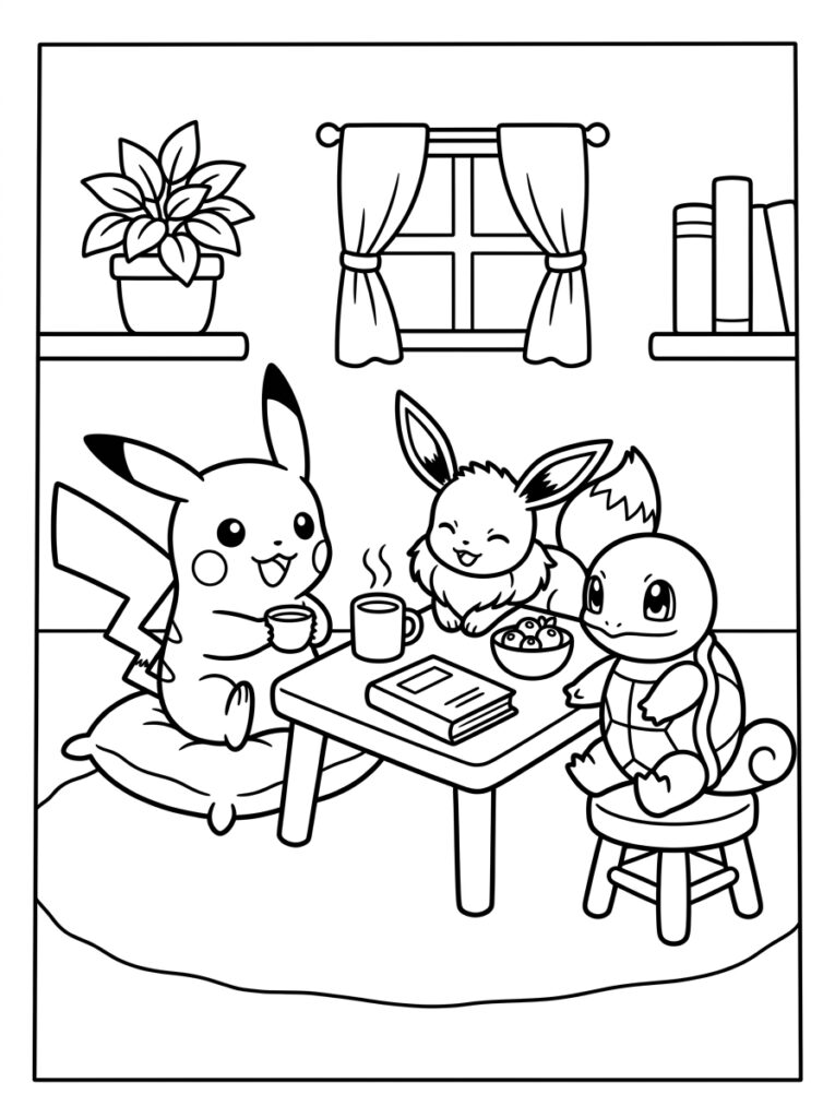 Pikachu, Eevee en Squirtle drinken thee aan tafel
