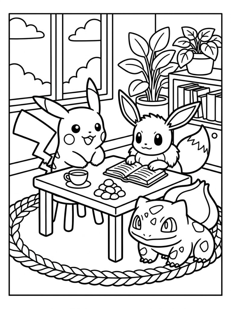 Pikachu, Eevee en Bulbasaur lezen boek aan tafel
