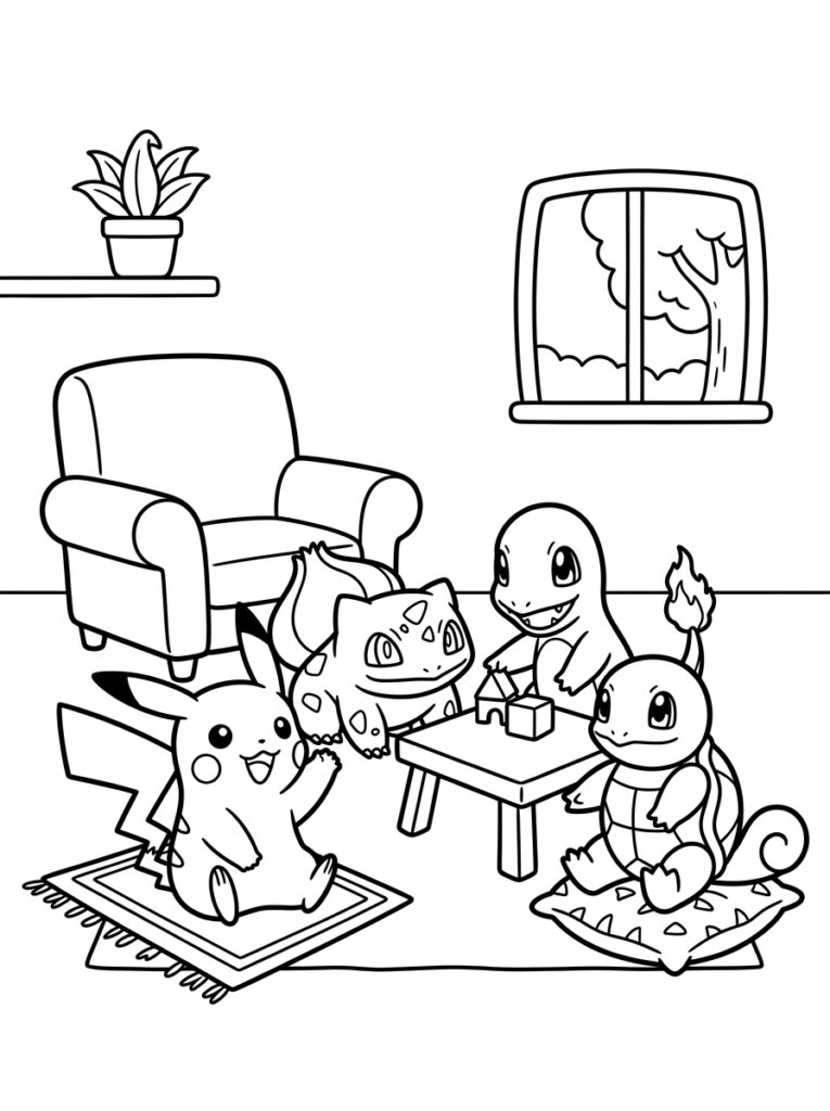 Pikachu, Bulbasaur, Charmander en Squirtle spelen met blokken
