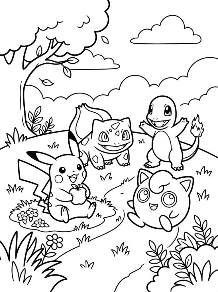 Pikachu met appel, Bulbasaur, Charmander en Jigglypuff