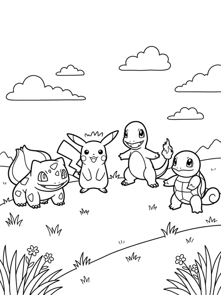 Bulbasaur Pikachu Charmander Squirtle in grasveld met wolken