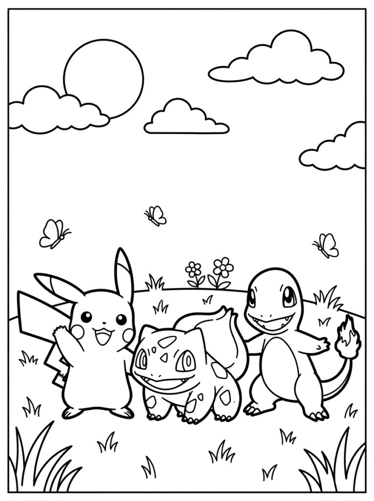 Pikachu Bulbasaur Charmander met vlinders in bloemenveld