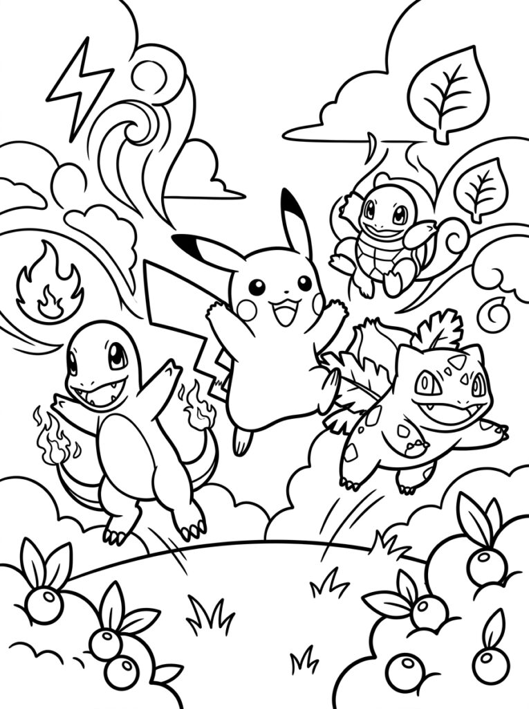 Pikachu Charmander Bulbasaur Squirtle omringd door vuur bladeren