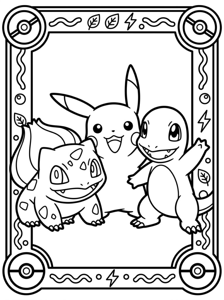 Bulbasaur Pikachu Squirtle in Pokeball omlijsting met bladeren
