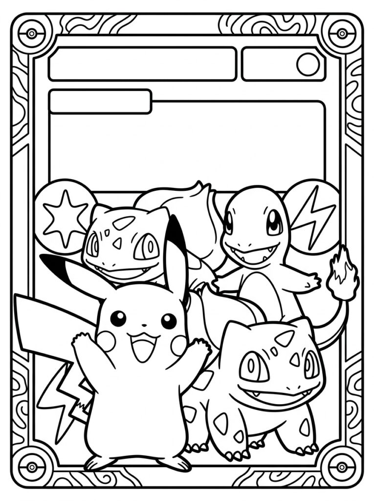 Pikachu Bulbasaur Charmander in kaartkader met bliksem