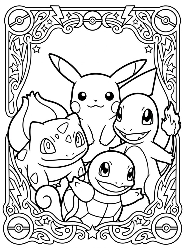 Pikachu Bulbasaur Charmander Squirtle in sierlijke lijst