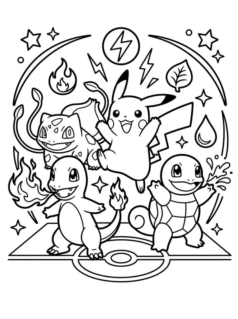 Pikachu Bulbasaur Charmander Squirtle met element symbolen