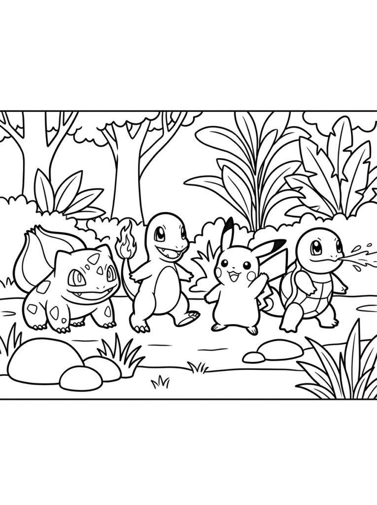 Bulbasaur Charmander Pikachu Squirtle in boslandschap