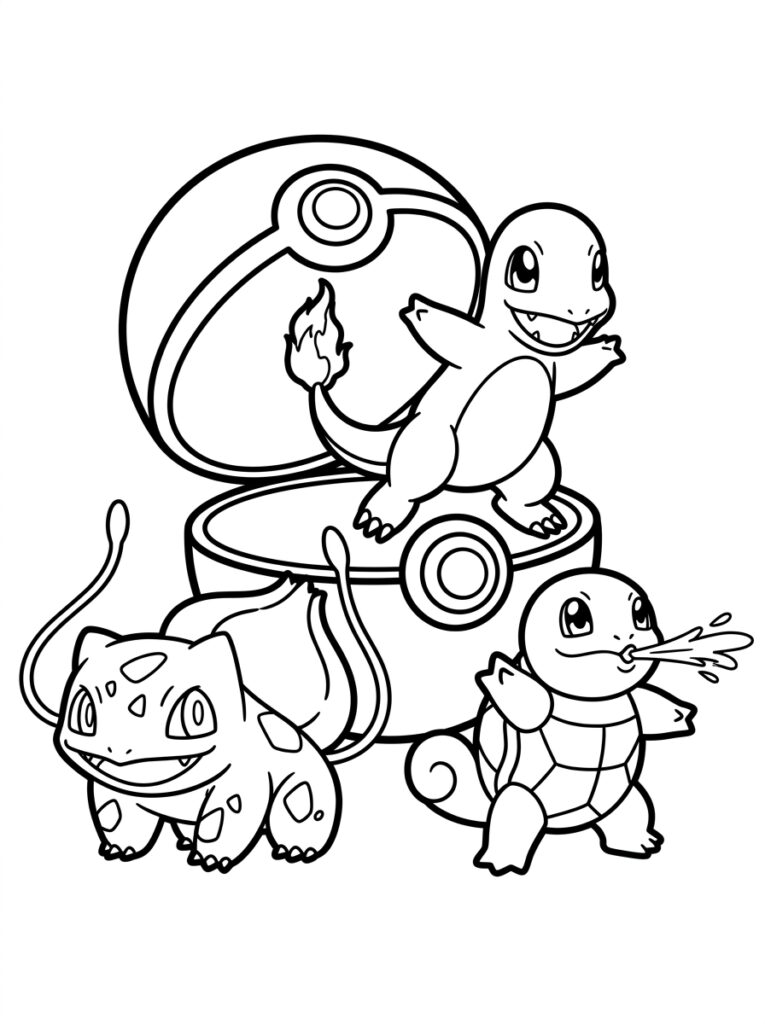 Charmander op open Pokebal met Bulbasaur Squirtle