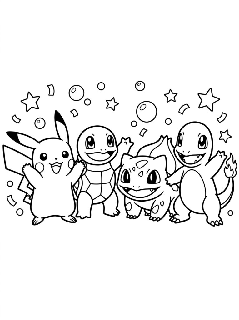 Pikachu Squirtle Bulbasaur Charmander met sterren bubbels