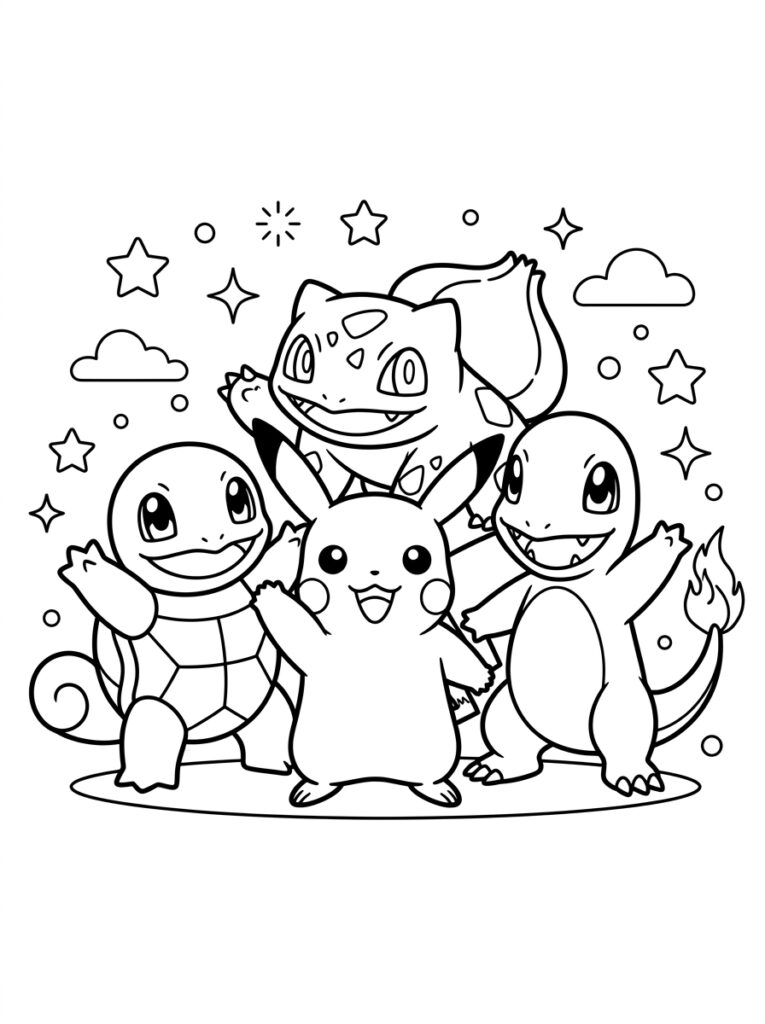 Squirtle Pikachu Charmander Venusaur met sterren en wolken