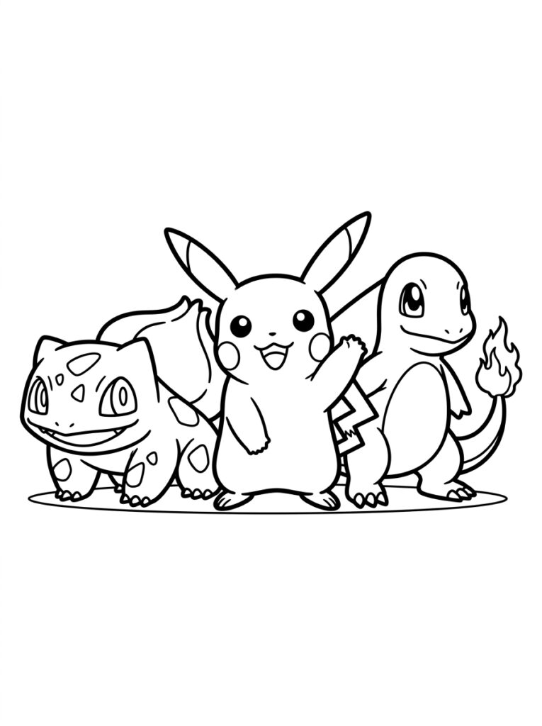 Bulbasaur Pikachu en Charmander naast elkaar
