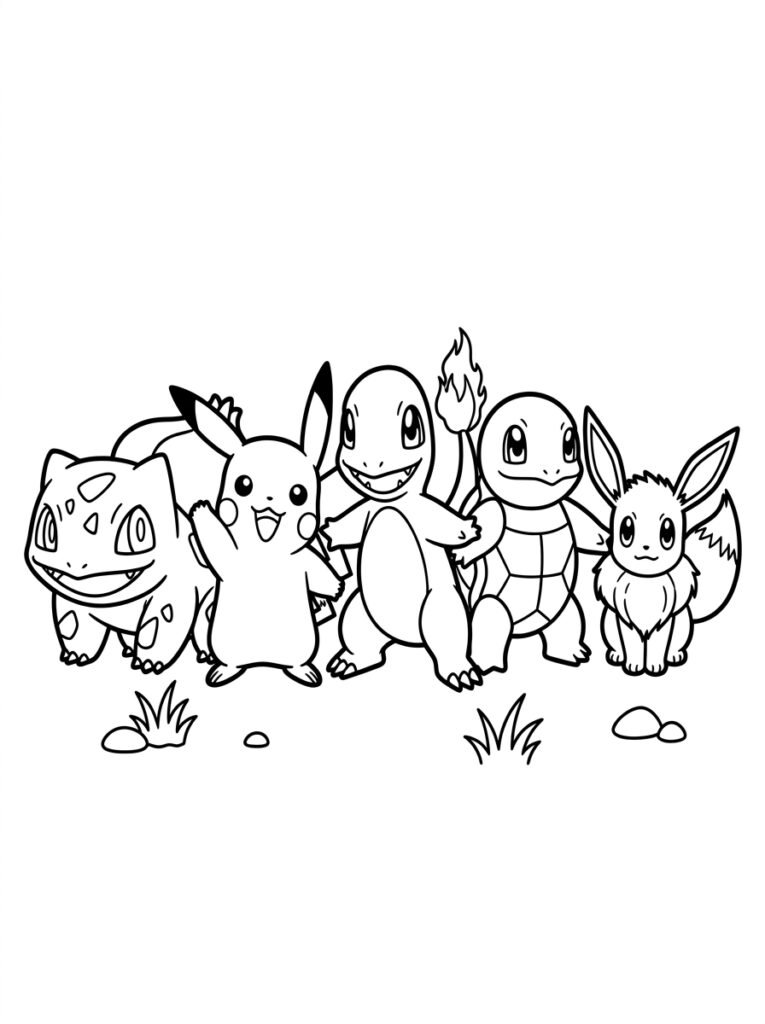 Bulbasaur Pikachu Charmander Squirtle en Eevee op gras