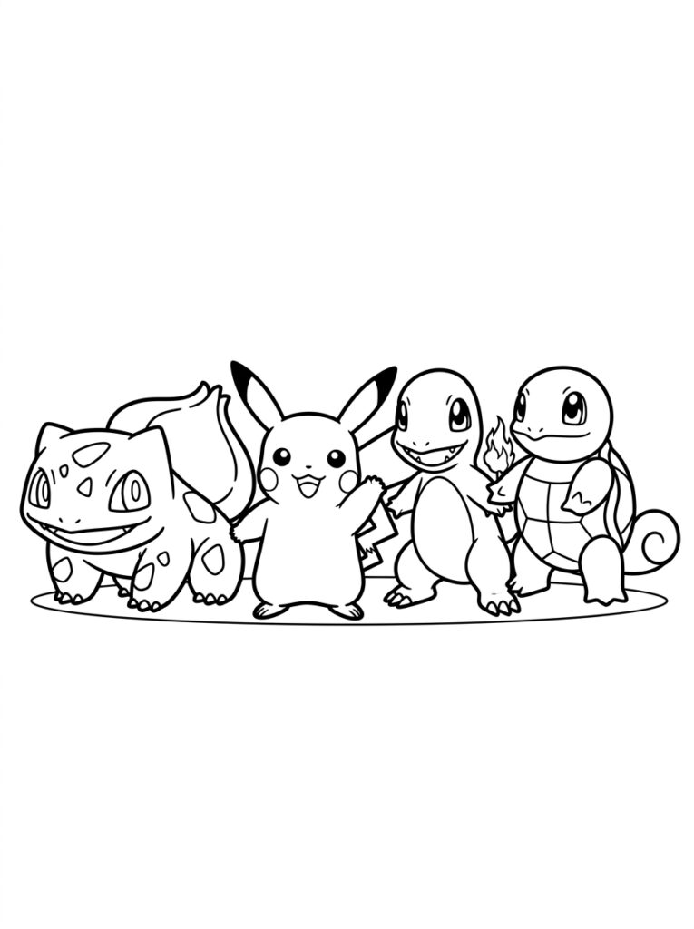 Bulbasaur Pikachu Charmander en Squirtle naast elkaar