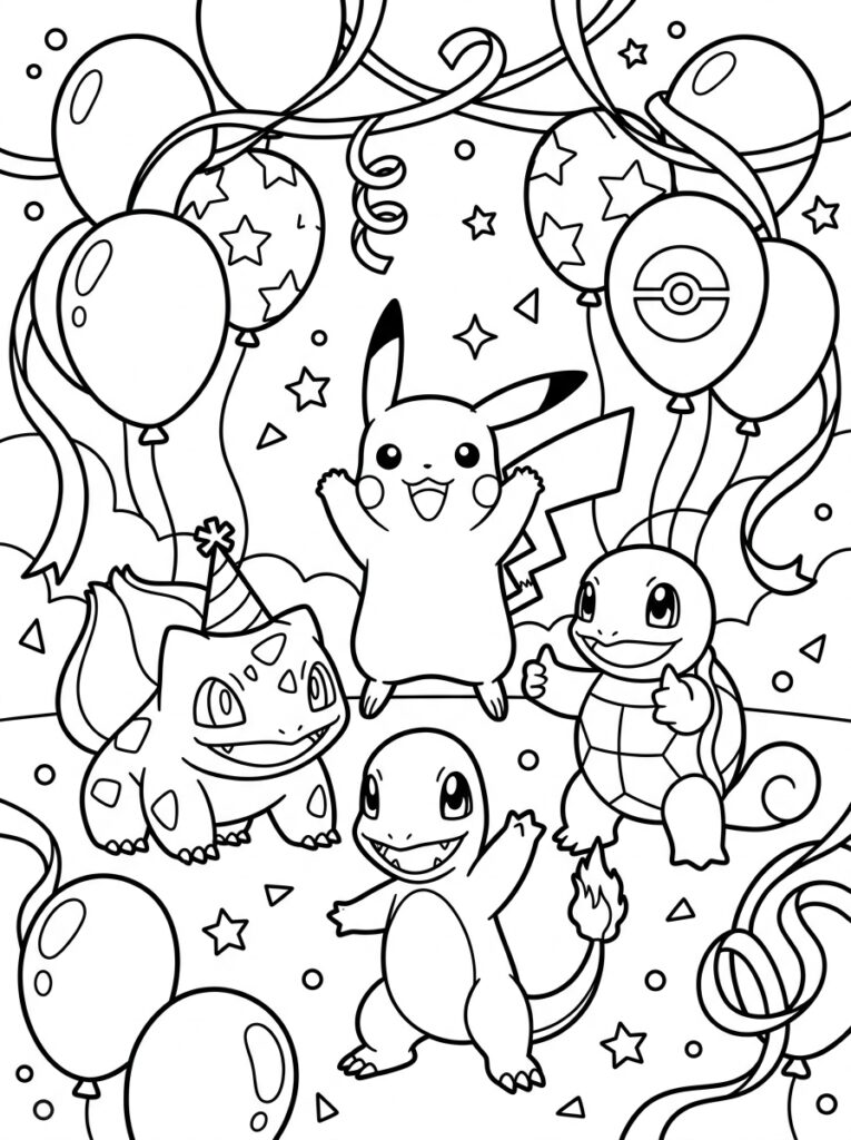 Pikachu met Bulbasaur Charmander Squirtle en ballonnen