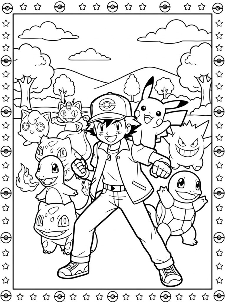 Ash met Pikachu Bulbasaur Charmander Squirtle in landschap