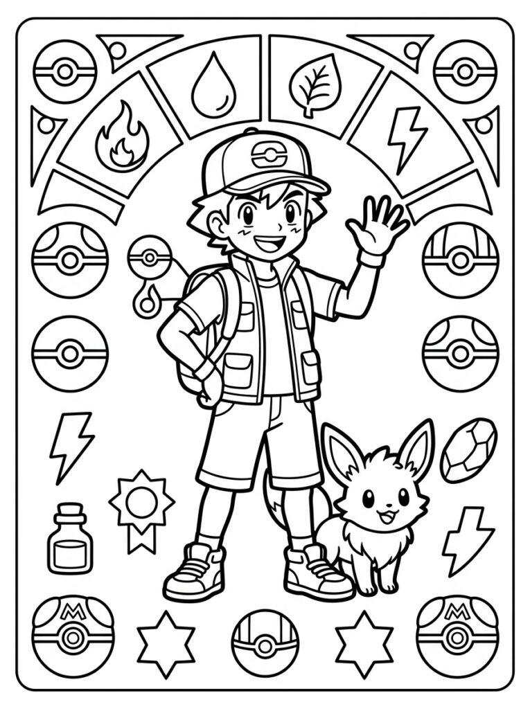 Ash zwaait naast Eevee met Pokéballs