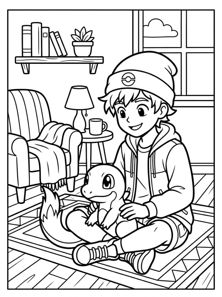 Jongen aait Squirtle zittend op vloer