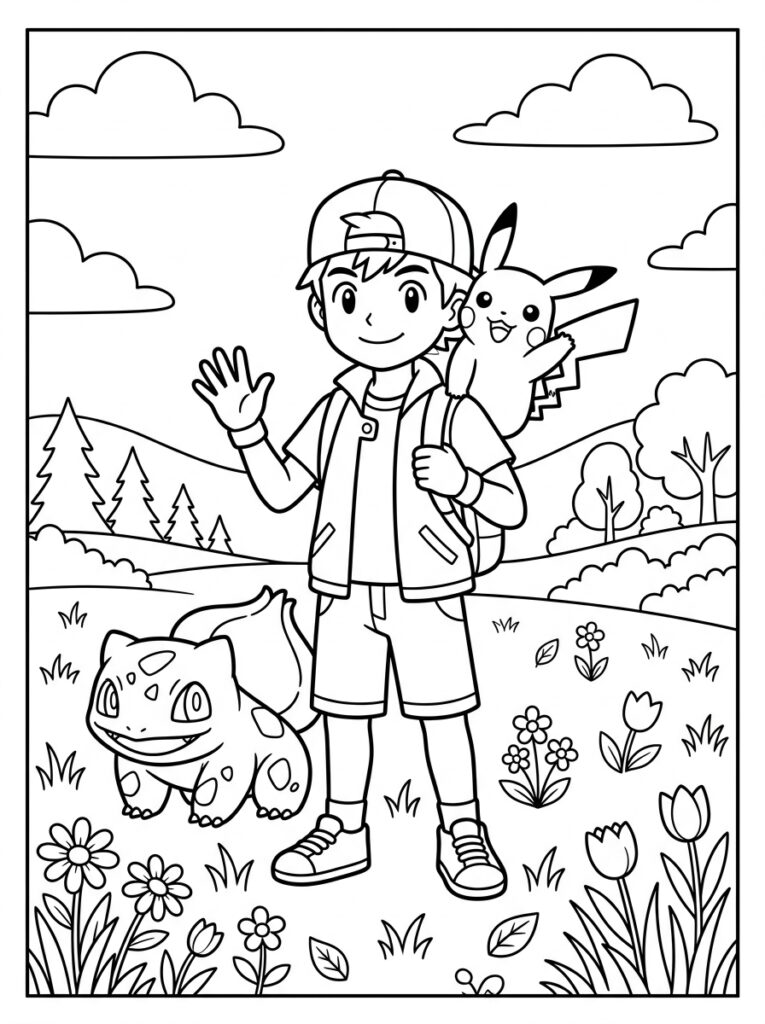 Ash met Pikachu en Bulbasaur in bloemenveld