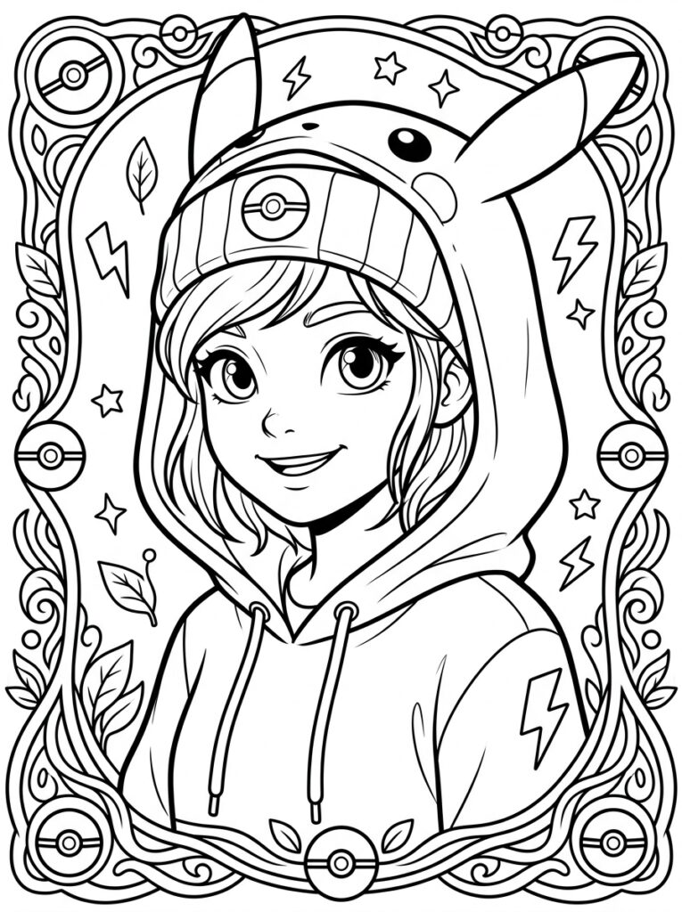 Trainer in Pikachu hoodie met sterren en bladeren