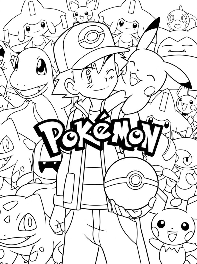Ash omringd door vele Pokémon