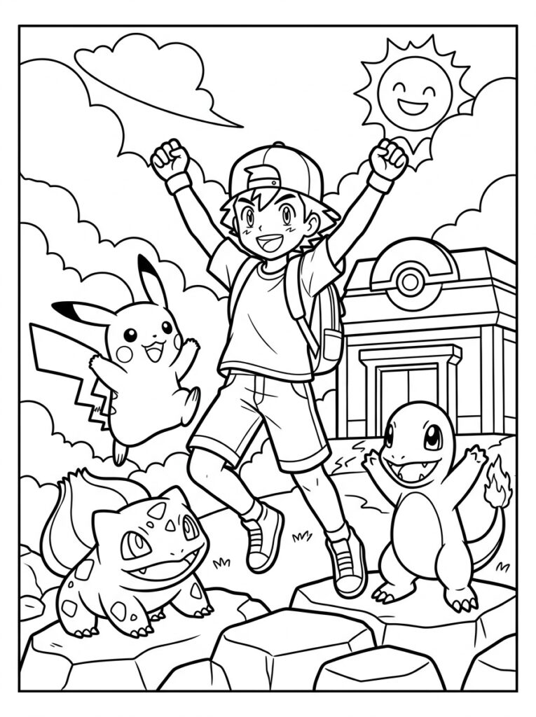 Jongen springt met Pikachu Bulbasaur en Charmander
