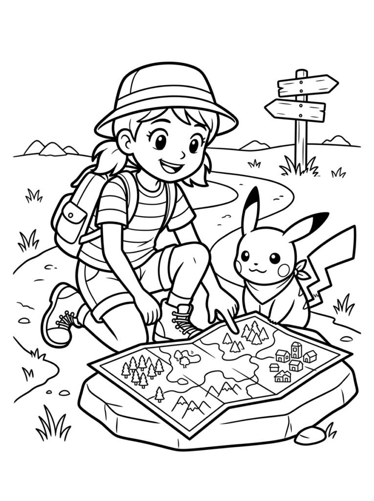 Meisje met Pikachu bekijkt landkaart bij wegwijzer