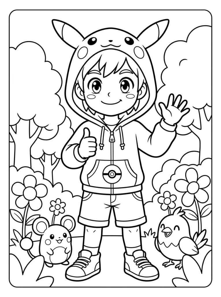 Jongen in Pikachu hoodie zwaait met duim