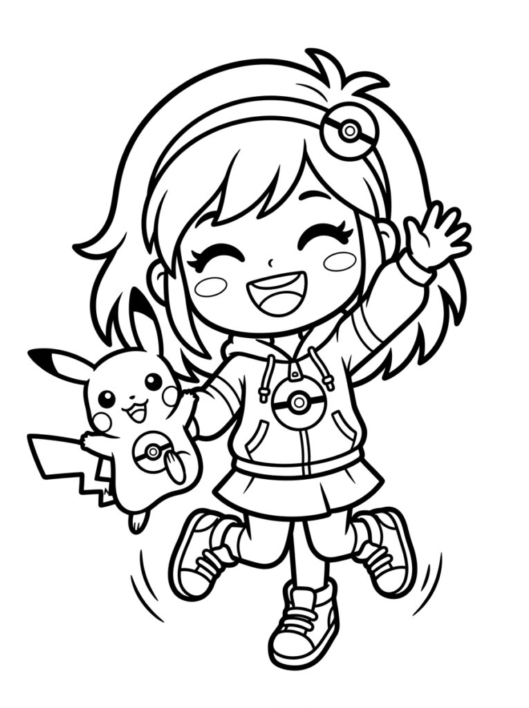 Springend meisje zwaait naast Pikachu