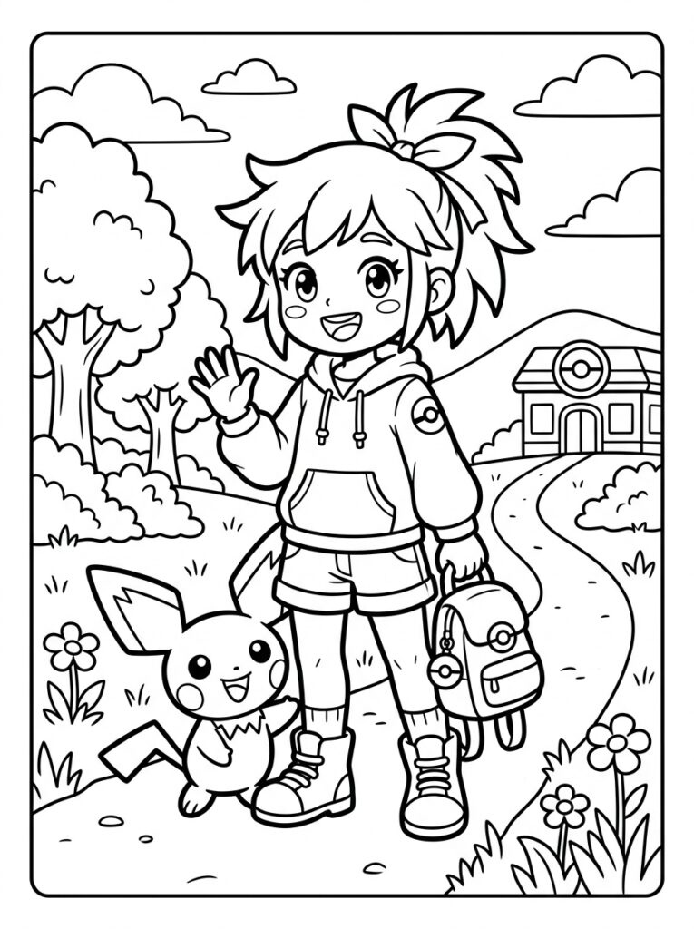 Meisje zwaait met Pikachu en rugzak