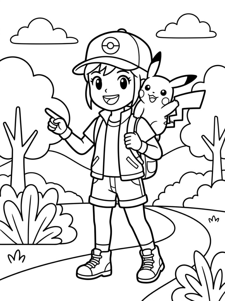 Meisje met pet wijst met Pikachu op schouder