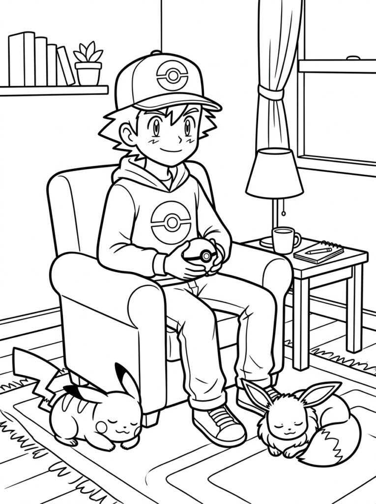 Jongen in stoel met Pokéball bij Pikachu en Eevee