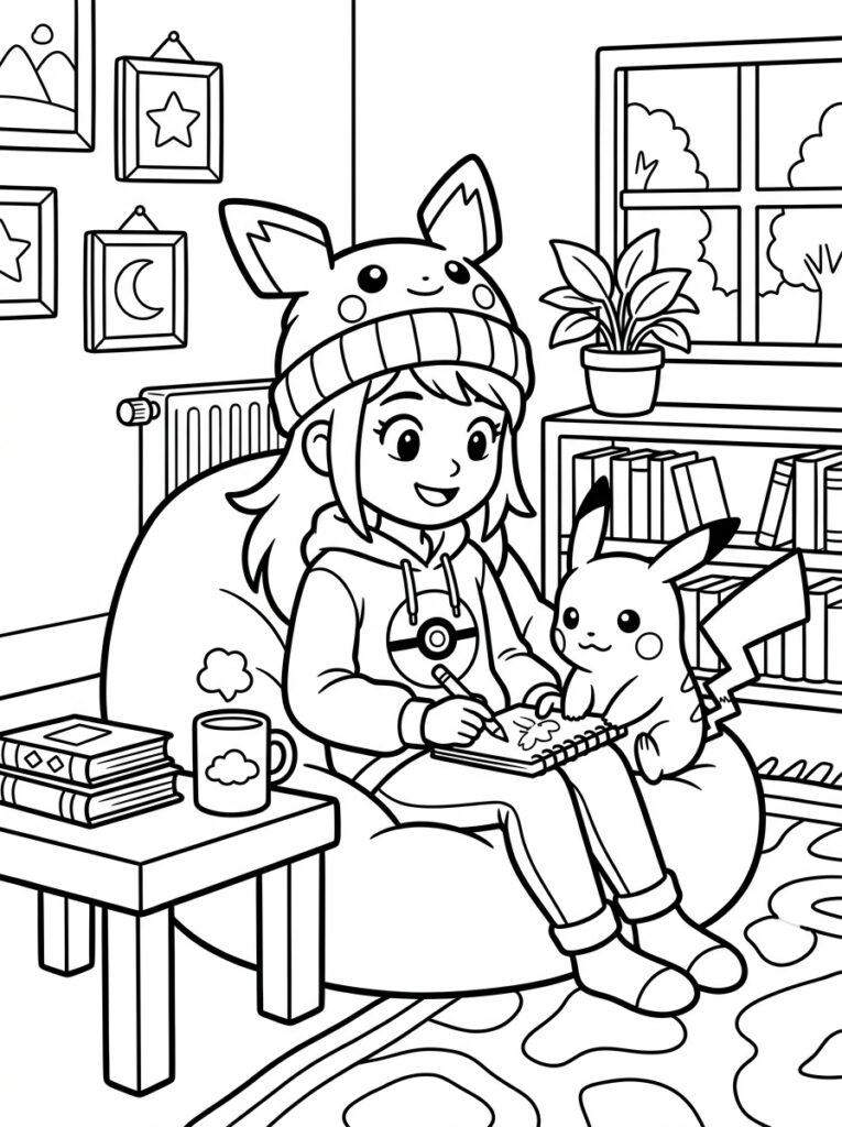 Meisje met Pikachu-muts tekent samen met Pikachu