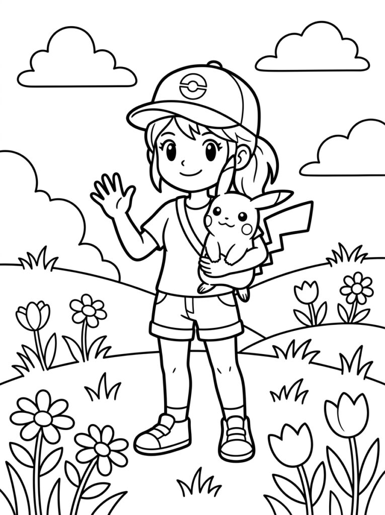 Meisje met pet houdt Pikachu vast en zwaait