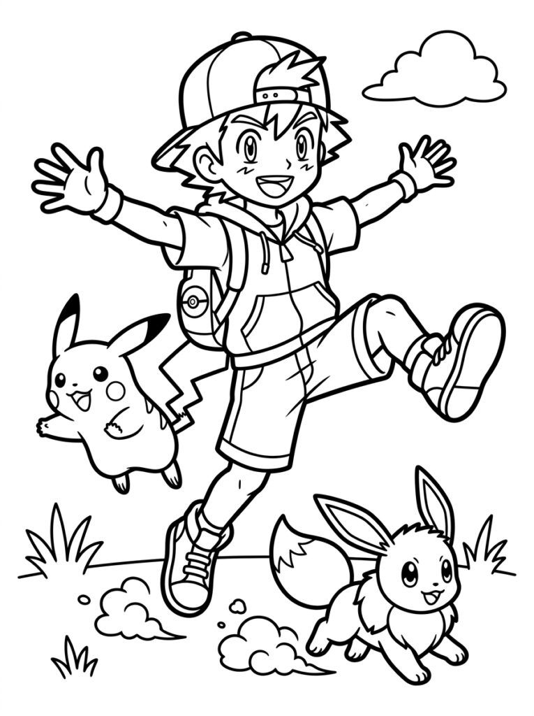 Jongen springt met armen wijd naast Pikachu en Eevee