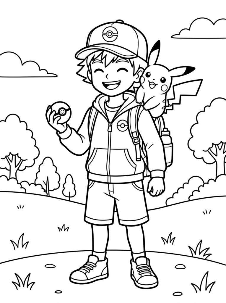 Jongen met Pikachu op schouder houdt Pokéball vast