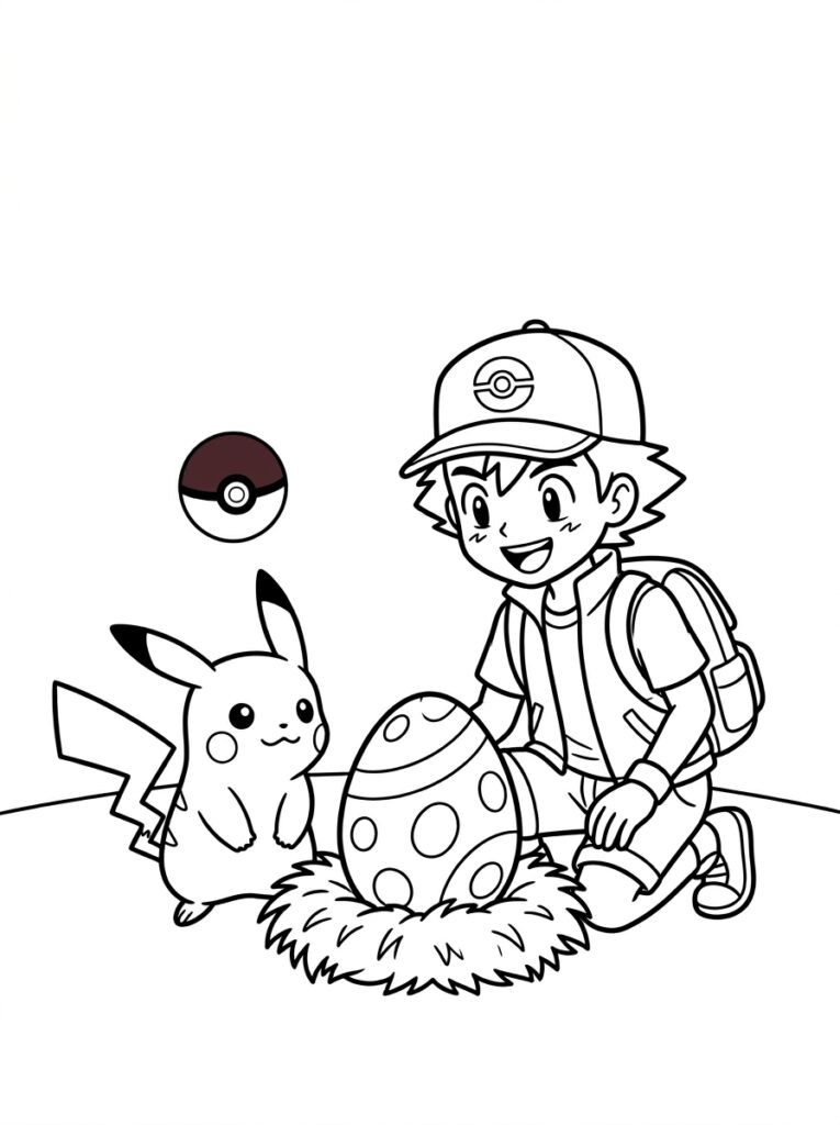 Jongen knielt naast Pikachu bij groot ei