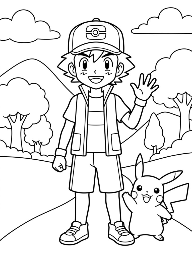 Jongen met pet zwaait naast Pikachu