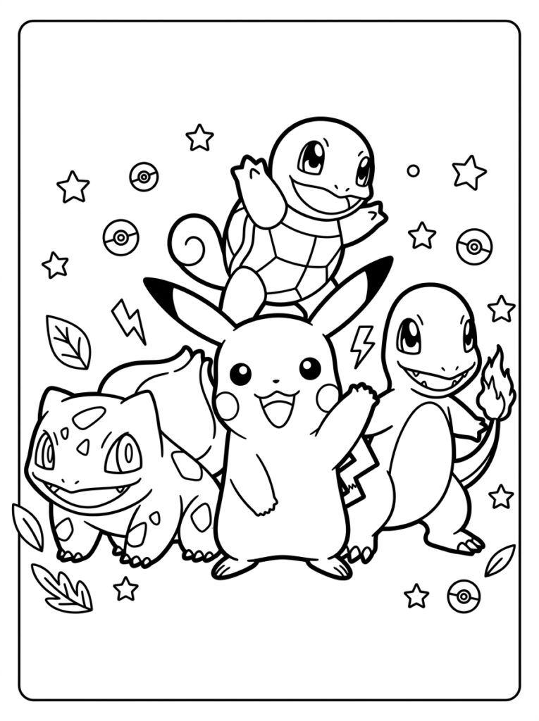 Pikachu met Bulbasaur Charmander en Squirtle