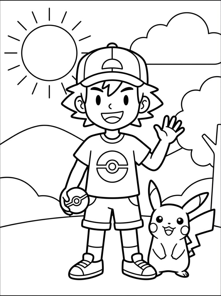 Jongen met pet houdt Pokéball naast Pikachu