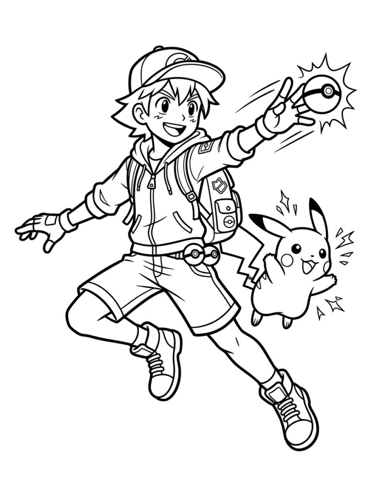 Ash werpt Pokéball naast springende Pikachu