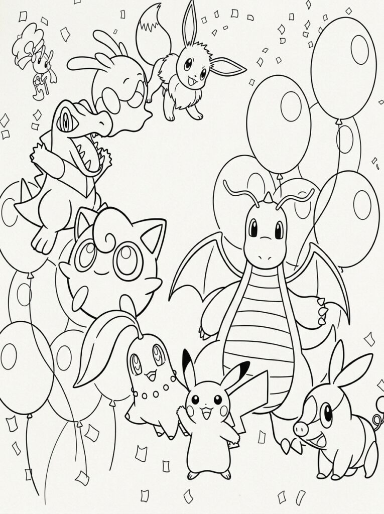 Pokémon met ballonnen en confetti