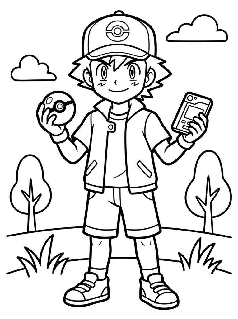 Ash staat met Pokéball en Pokédex