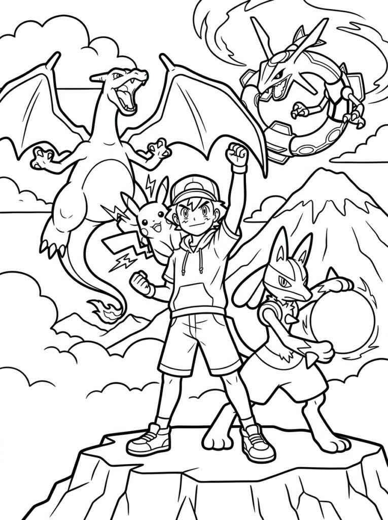 Ash met Pikachu Charizard en Lucario op bergtop