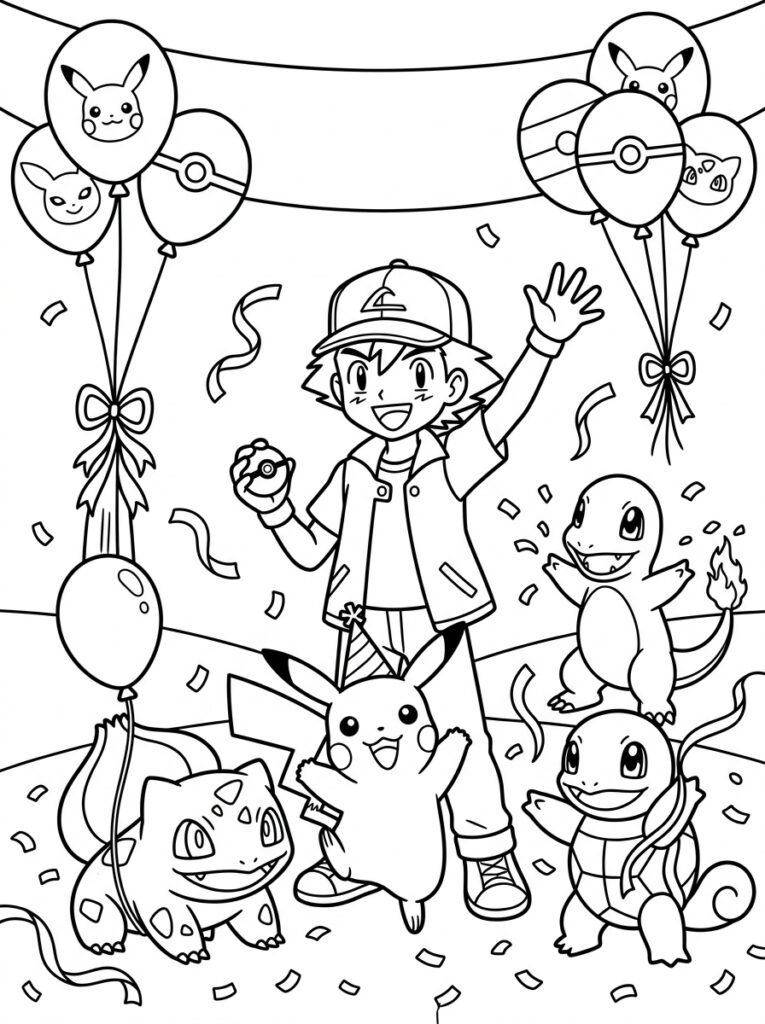 Ash zwaait met Pikachu Bulbasaur Charmander Squirtle