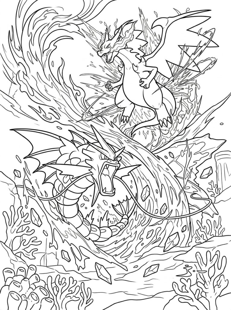 Mega Charizard vliegt boven Mega Gyarados in golven
