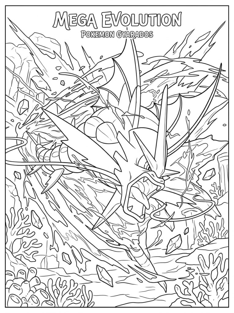 Mega Gyarados met open bek in woeste golven