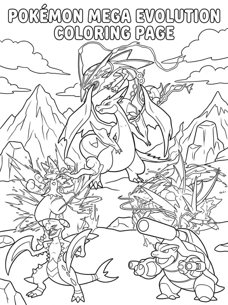 Mega Rayquaza boven Charizard, Venusaur en Blastoise